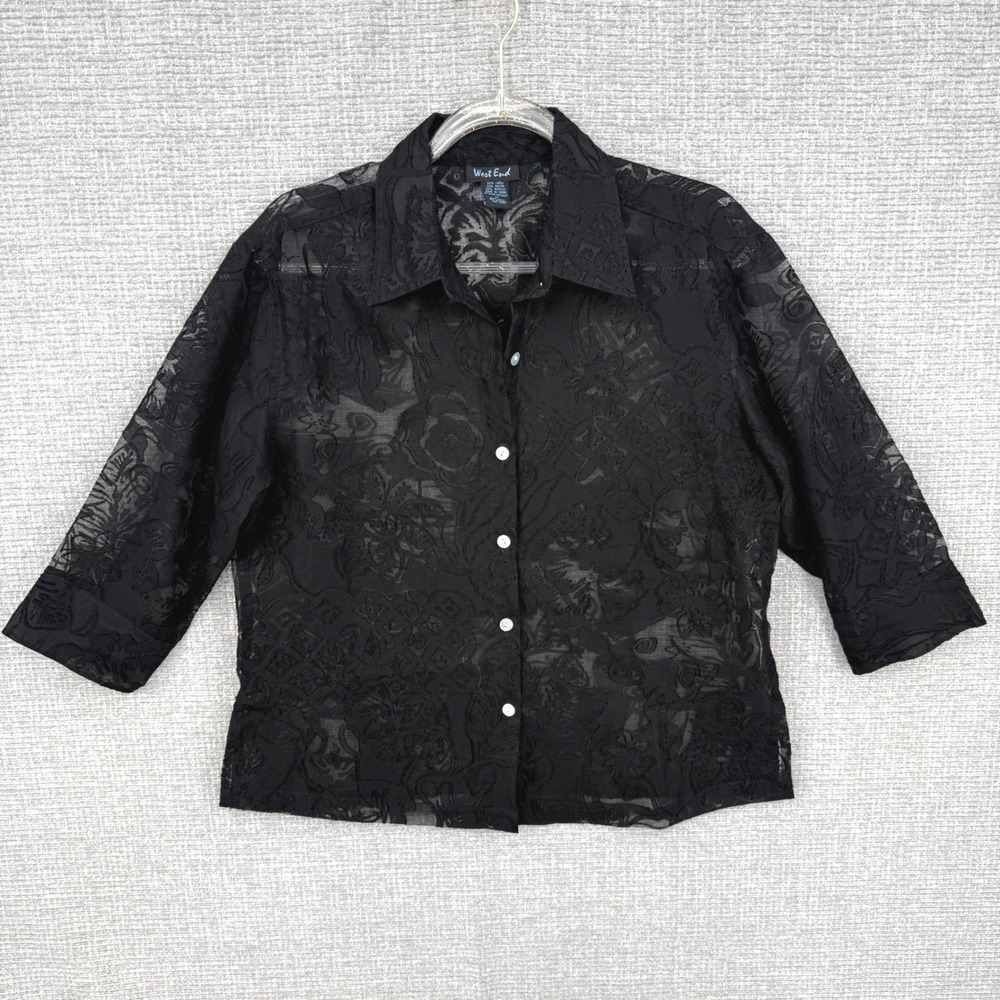 West End Button Up Shirt Women M Black Sheer Linen Blend Floral Goth Boho